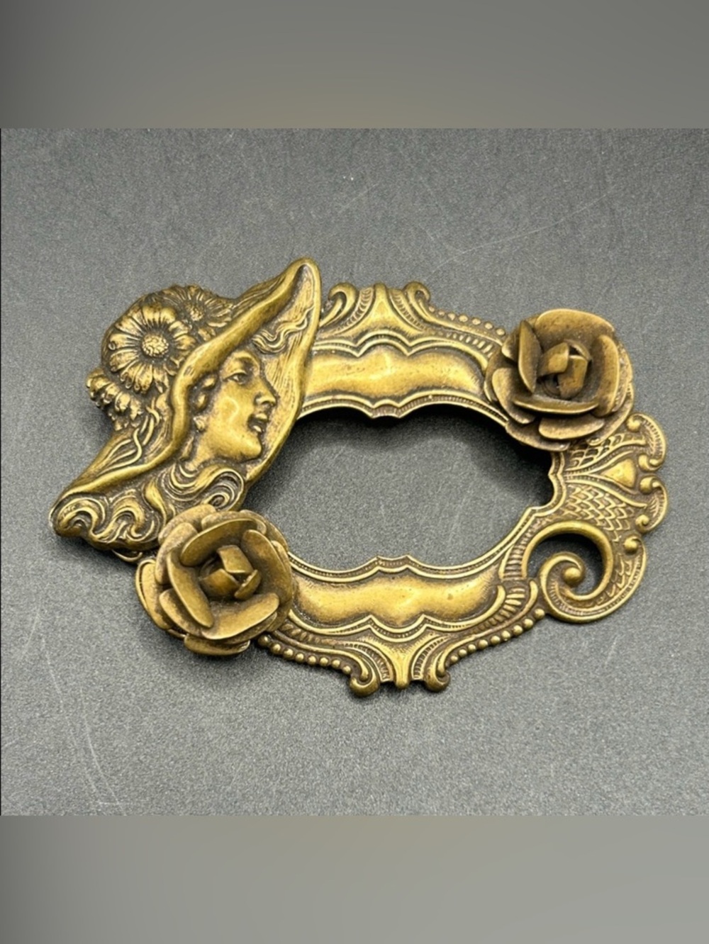 Vintage Art Nouveau Style Female Figure Brooch Pin W/ Raised Florals, Jewelry